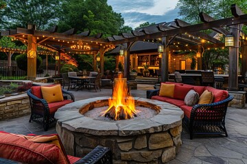 Outdoor seating area around a fire pit. cozy and luxurious ambiance for gatherings and relaxation - obrazy, fototapety, plakaty