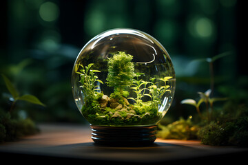 A green concept small city in a glass bulb, trees in bulb