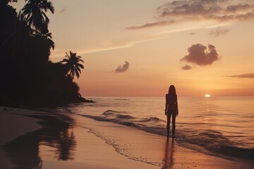 Fototapeta na wymiar Tropical silhouette at dawn or dusk Serene beach landscape Natural beauty and calm