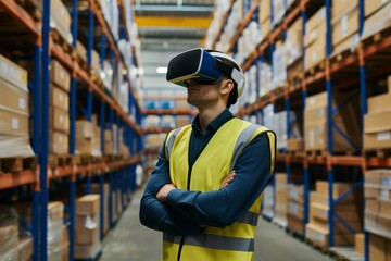 Vr technology in warehouse management Futuristic virtual reality innovation Smart logistics concept