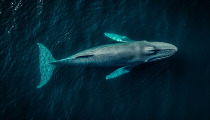 Fototapeta premium A serene blue whale glides through the ocean depths, its massive form casting a graceful silhouette against the tranquil underwater world