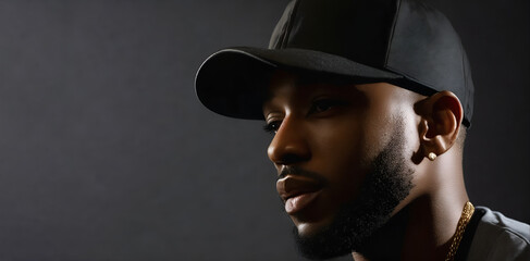 Close up portrait of a stylish rapper wearing a baseball cap and a golden chain. Copy space