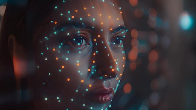 Face analysis.Future. Face Detection. Technological 3d Scanning. Biometric Facial Recognition. Face Id. Technological Scanning Of The Face Of Beautiful Caucasian woman 4k video