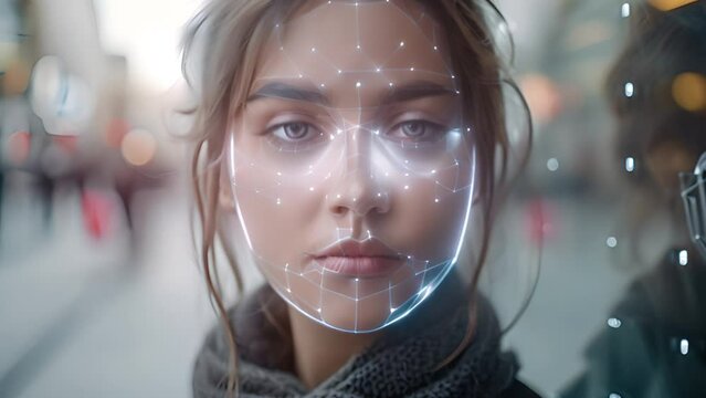 Face analysis.Future. Face Detection. Technological 3d Scanning. Biometric Facial Recognition. Face Id. Technological Scanning Of The Face Of Beautiful Caucasian woman 4k video