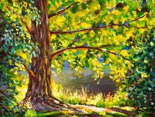 Gordijnen A large tree lit by sun - original painting, a sunny landscape illustration. Beautiful sunny forest artwork. © Original Painting