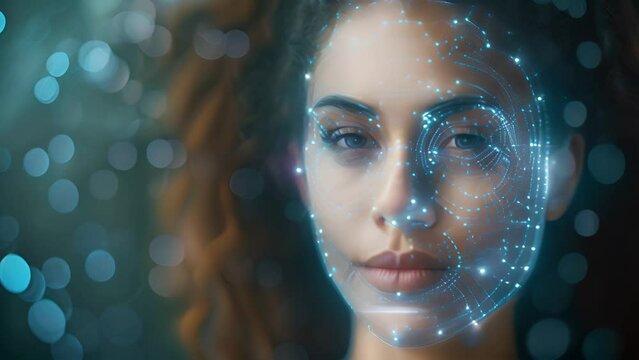 Face analysis.Future. Face Detection. Technological 3d Scanning. Biometric Facial Recognition. Face Id. Technological Scanning Of The Face Of Beautiful Caucasian woman 4k video