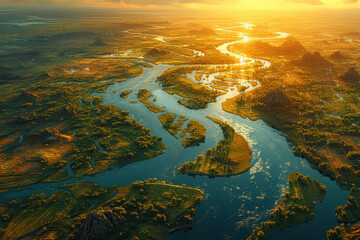 An aerial view of a network of rivers and tributaries in a delta, showcasing the complexity of...