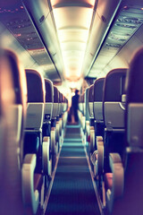 Interior of a commercial airplane with empty seats, shallow depth of field