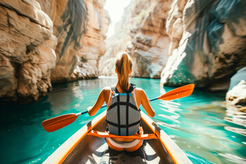 Back shot of a young woman kayaking in the canyon on a sunny summer day.