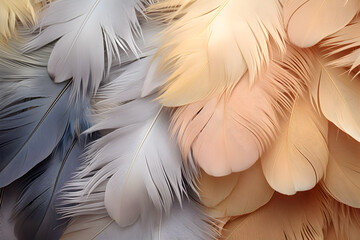 close up view of pink and yellow feathers, feather background texture  - obrazy, fototapety, plakaty