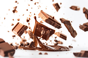 Chocolate splashes with pieces of chocolate isolated on white background.