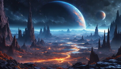A surreal view of an alien landscape with distant planets and mountains under a starry night sky
