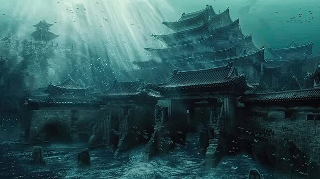 loop video of illustration of dark hell palace under the sea with water movement dark korean style building in the dark sea
