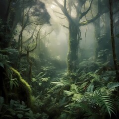 Enchanted Misty Forest with Lush Green Foliage and Ethereal Light