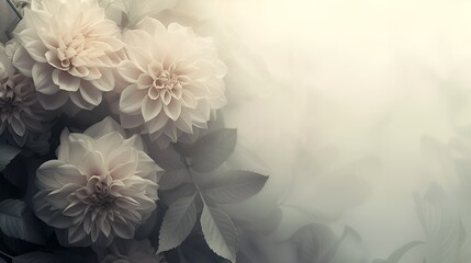 Beautiful background with white dahlias covered in mist