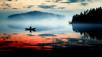 Fototapeta na wymiar Fishing boat on the lake in the morning with fog and reflection. Generative AI technology.