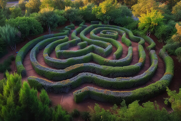 Naklejka premium An aerial shot of a maze garden, with the intricate paths creating an artistic pattern. Concept of landscape design and recreational spaces. Generative Ai.