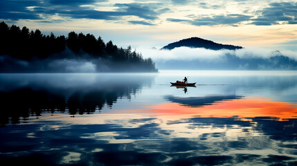 Fishing boat on the lake in the morning with fog and reflection. Generative AI technology.