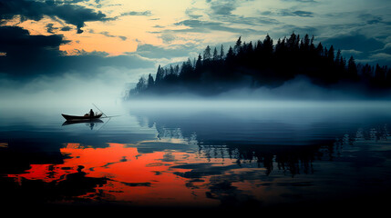 Fishing boat on the lake in the morning with fog and reflection. Generative AI technology.