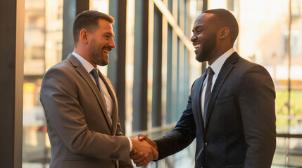 Two Businessmen handshake representing cooperation in their businesses, African American and Caucasian business people in elegant suits, new client negotiation, contract partnership - obrazy, fototapety, plakaty