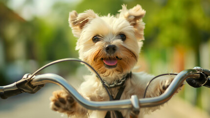Funny Yorkshire Terrier dog breed riding a bicycle or a bike outdoors, looking at the camera and smiling