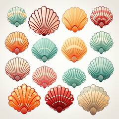 
Stylized colorful seashells drawing pattern illustration. Art paints seashells ornament, shell print for printing on paper or fabric. Royal shell drawing. Sea pattern from cartoon seashells.