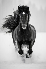 Obraz premium Beautiful black horse running or galloping in the snow outdoors during cold winter weather season