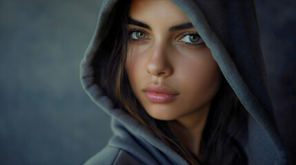 Closeup studio shot of a beautiful and attractive young female model wearing a gray hoodie, looking at the camera with serious face expression. Caucasian woman with green eyes portrait