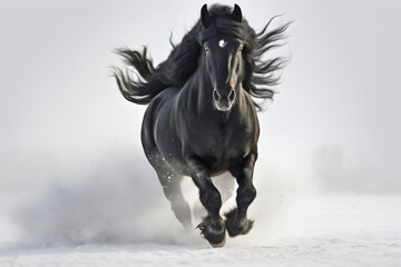 Beautiful black horse running or galloping in the snow outdoors during cold winter weather season