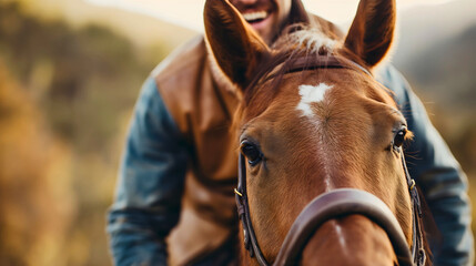 Fototapeta premium Young man sitting on a brown domestic horseback and riding through the farm field on the animal, and smiling. Male person and stallion friendship, rural ranch outdoors