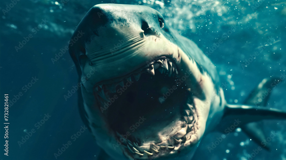 Wall mural Closeup underwater photography of a great white shark or megalodon, predator animal in the ocean or sea water, open jaw or mouth, big sharp teeth