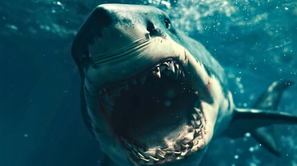 Closeup underwater photography of a great white shark or megalodon, predator animal in the ocean or...