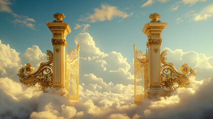 Ethereal shiny golden heaven gates or door in the heaven sky, surrounded by white clouds, entrance into paradise, Christian religious concept and belief. Resurrection or afterlife hope in Jesus Christ