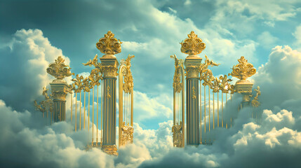Ethereal shiny golden heaven gates or door in the heaven sky, surrounded by white clouds, entrance into paradise, Christian religious concept and belief. Resurrection or afterlife hope in Jesus Christ