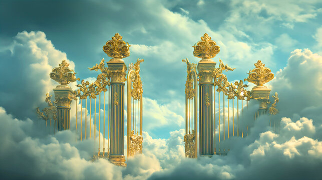 Ethereal shiny golden heaven gates or door in the heaven sky, surrounded by white clouds, entrance into paradise, Christian religious concept and belief. Resurrection or afterlife hope in Jesus Christ