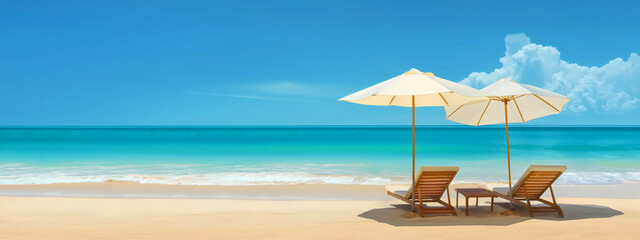 Two parasol umbrellas casting the shadow over the two wooden lounge chairs or easy chairs on an empty sunny sand beach near the blue ocean or sea water on a summer day. Sun protection on a holiday