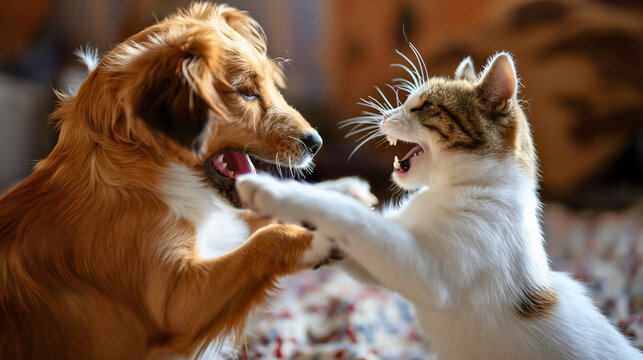 Side view of the domestic pets, cat and dog fighting in home room interior, animals not getting along well. 