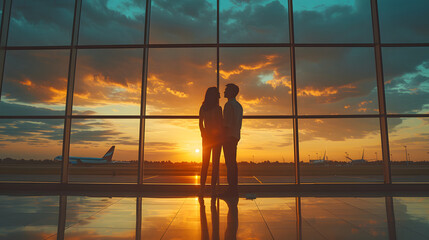 A couple stands together at airport in front of a window as the golden light of the setting sun fills the room