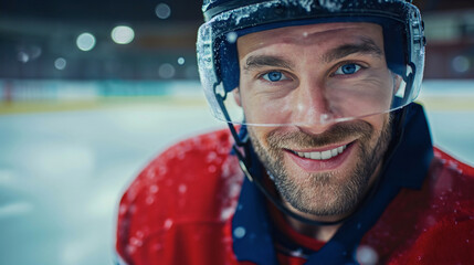Closeup of a smiling adult male ice hockey player smiling and looking at the camera, wearing sports uniform and a helmet, standing on the frozen ice court or stadium field. Professional athlete