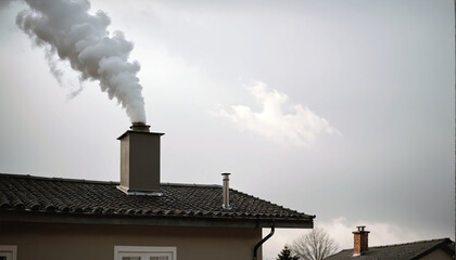 Dense smoke comes out of the chimney of a private house due to the burning of wood
