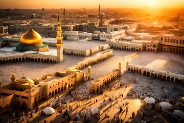 A panoramic view of the cityscape of Madina at dusk, with the minarets of Masjid al standing tall against the backdrop of the setting sun, a symbol of hope and faith for worshippers during Ramadan - obrazy, fototapety, plakaty