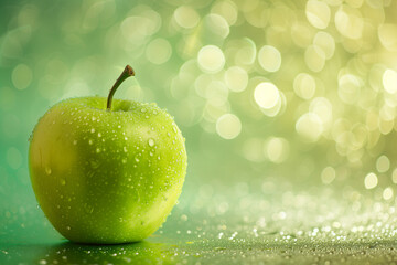 Green Granny Smith apple with water droplets on table