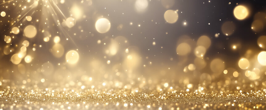 Glamorous White Christmas: Glowing Confetti Cascading in a Blur of Abstract Elegance, Illuminated by Shimmering Bokeh - An Opulent Celebration of Festive Magic - Golden Christmas Lights Background