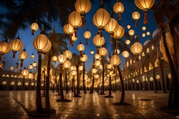 : A mesmerizing scene of lanterns hanging from trees in the courtyard of Masjid , casting a warm and inviting glow as worshippers gather to break their fast  - obrazy, fototapety, plakaty