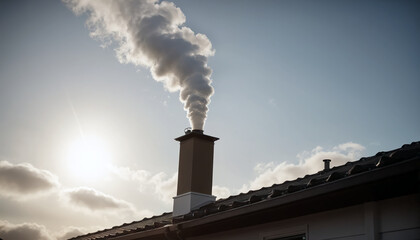 Dense smoke comes out of the chimney of a private house due to the burning of wood