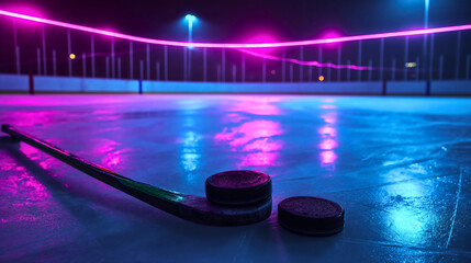 Closeup of an ice hockey sports stick and puck on the frozen surface of the court in the arena indoors. Rink competition equipment, nobody, empty training field where professional athletes play