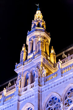 Night view on the public Vienna architecture and street life with artificial light
