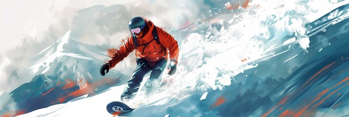 Snowboarder Carving Through Fresh Powder on a Pristine Mountain Slope - Ideal for Winter Sports, Adventure Tourism, and Extreme Sports Marketing