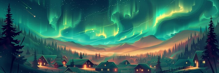 Enchanting Northern Lights Over a Snowy Village, Perfect for Stories of Winter Magic and Nature's Mysteries