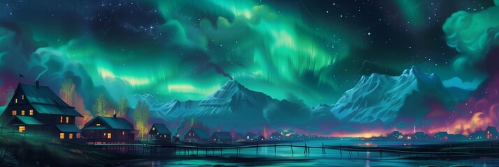 Enchanting Northern Lights Over a Snowy Village, Perfect for Stories of Winter Magic and Nature's Mysteries